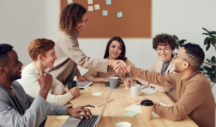 Diverse group of young professionals meet in boardroom